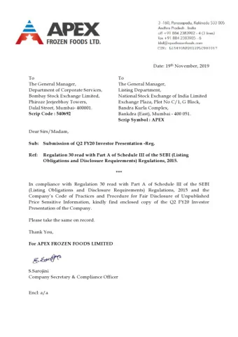 Apex Frozen Foods  Investor Presentation  November 2019  Safe Harbour  2 This presentation and the