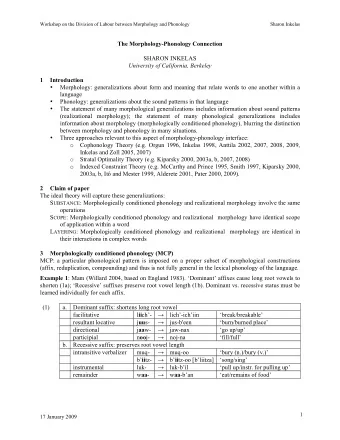 1  17 January 2009  Workshop on the Division of Labour between Morphology and Phonology  Sharon