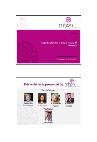 This webinar is presented by Tonights panel  Dr Alison Argo  Ms Alissa Westphal  A/ Prof Stephen