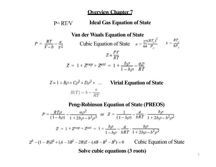 overview chapter 7 ideal gas equation of state p rt v van