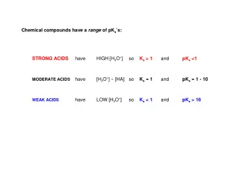 Chemical compounds have a range of pK a s: HIGH [H 3 O + ]  STRONG ACIDS  have  so K a &gt; 1