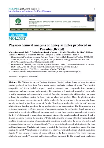 MOL2NET  Physicochemical analysis of honey samples produced in  Paraba (Brazil) Maysa Dayane G.