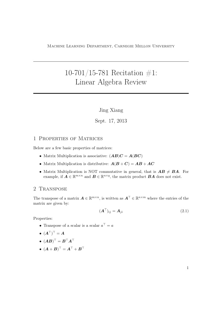 10 701 15 781 recitation 1 linear algebra review