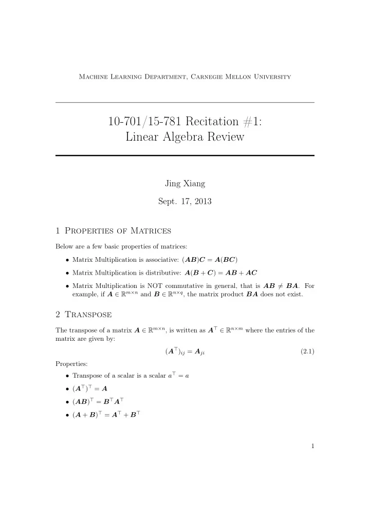 10 701 15 781 recitation 1 linear algebra review