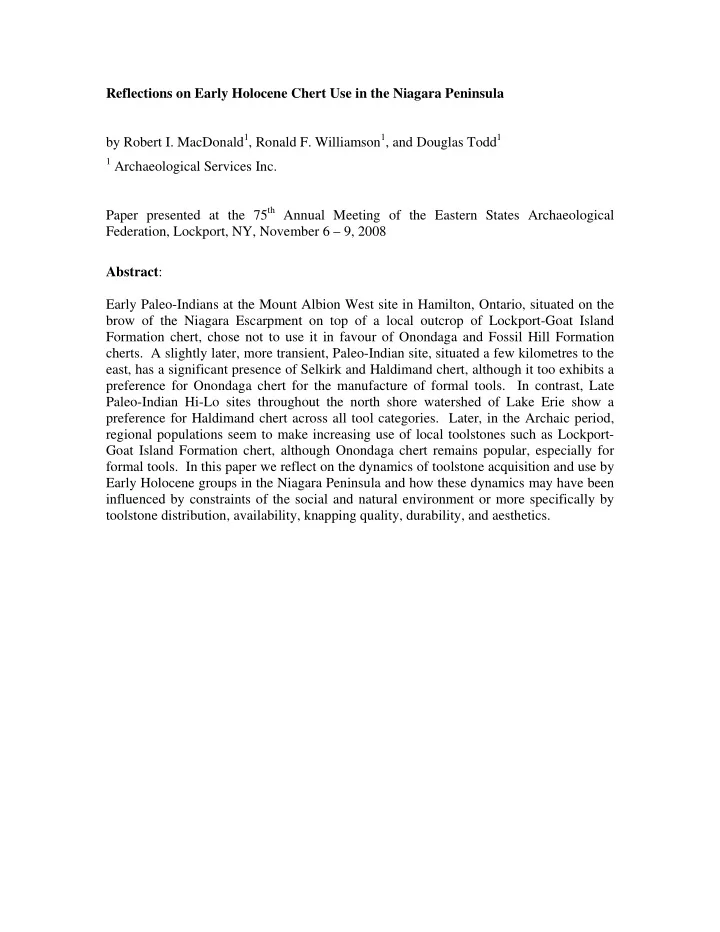 reflections on early holocene chert use in the niagara