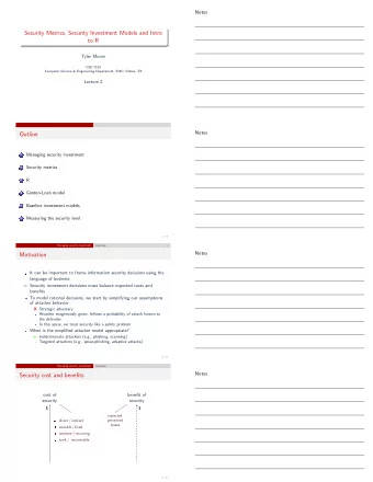 Security Metrics, Security Investment Models and Intro  to R  Tyler Moore  CSE 7338  Computer
