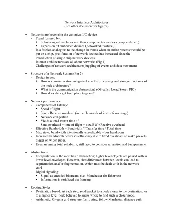 Network Interface Architectures  (See other document for figures)  Networks are becoming the