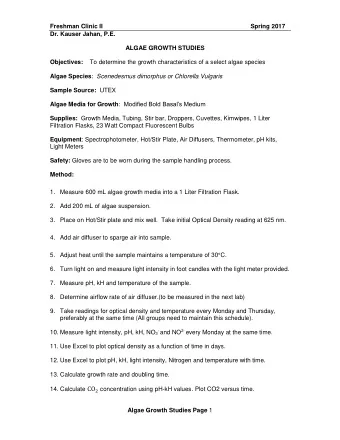 Group Name _________________________  Initial conditions  Air flow rate:  Light Intensity:  Algae
