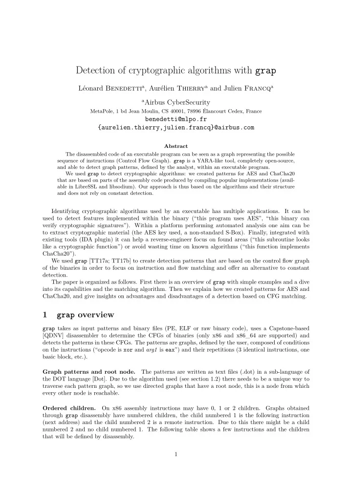 detection of cryptographic algorithms with grap