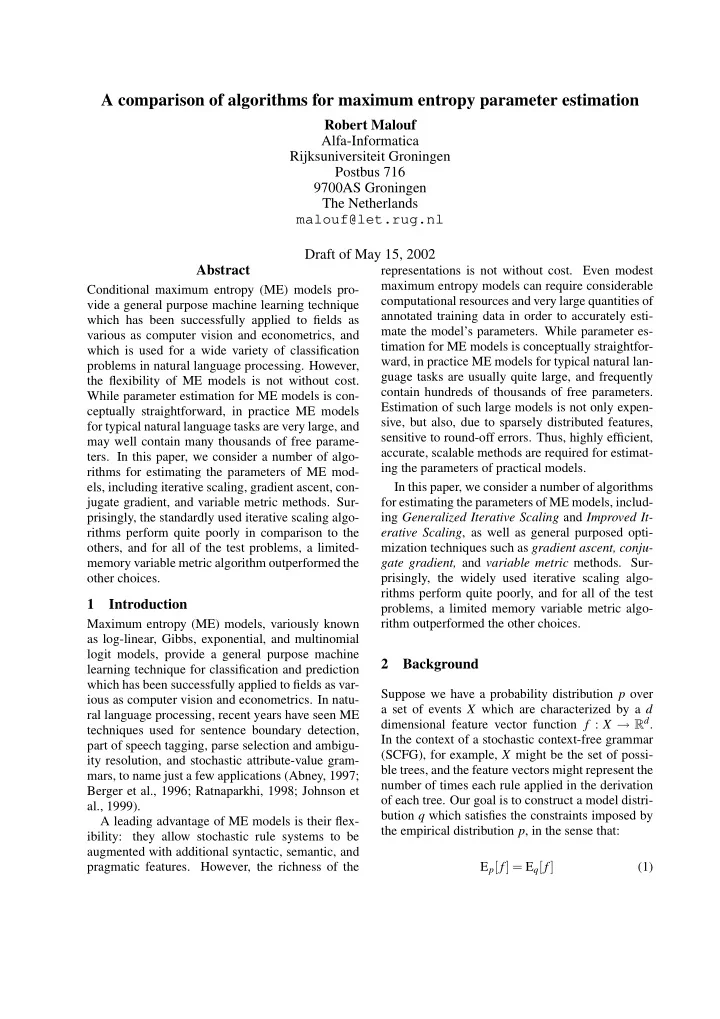 a comparison of algorithms for maximum entropy parameter