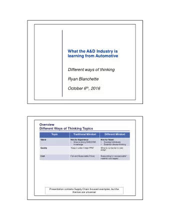 What the A&amp;D Industry is  learning from Automotive  Different ways of thinking  Ryan Blanchette