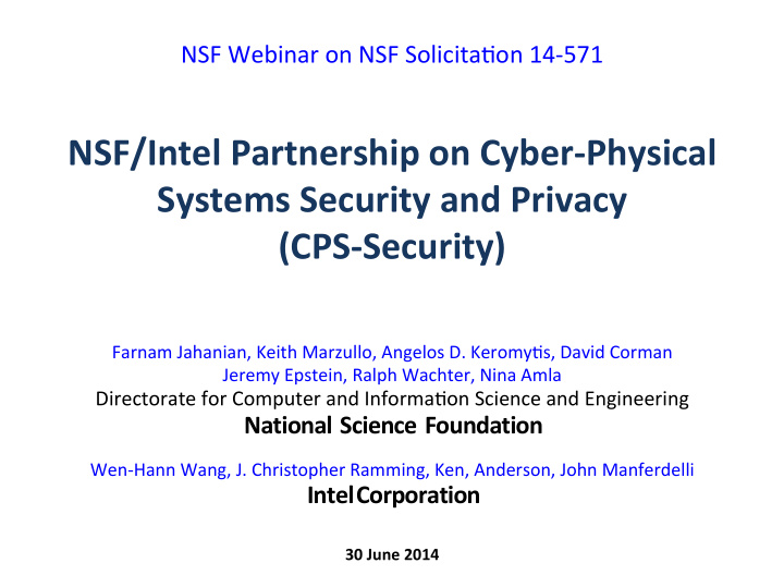 nsf intel partnership on cyber physical systems security