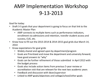AMP Implementation Workshop  9-13-2013  Goal for today:    Draft 3-5 goals that your department