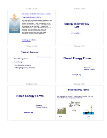 Stored Energy Forms  Stored Energy Forms  Lost Energy  Transformation of Energy  Defining