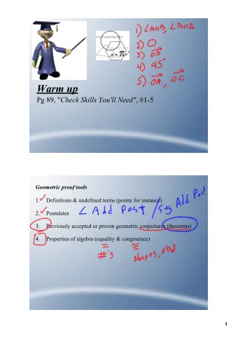 Warm up Pg 89, &quot; Check Skills You'll Need&quot; , #15  Geometric proof tools  1.
