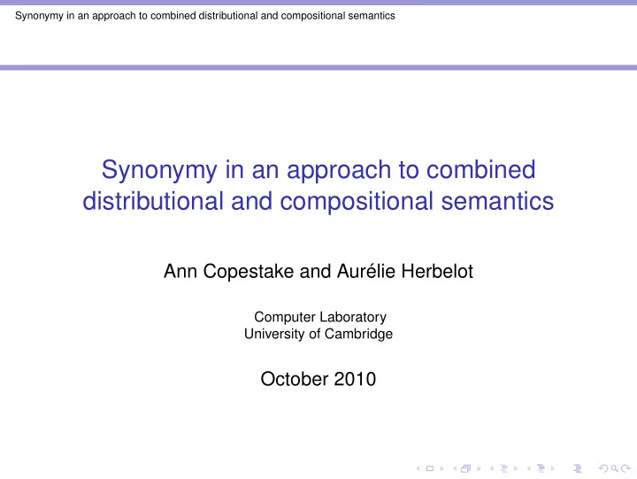 synonymy in an approach to combined distributional and