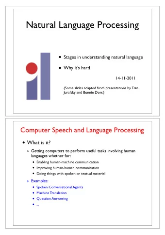 Natural Language Processing  Stages in understanding natural language  Why its hard