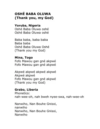OSH BABA OLUWA  (Thank you, my God)  Yoruba, Nigeria  Osh Baba Oluwa osh  Osh Baba Oluwa