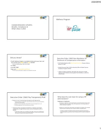 2/22/2016 Wellness Program HUMAN RESOURCE UPDATES:  Benefits, Compliance &amp;  Whats New in