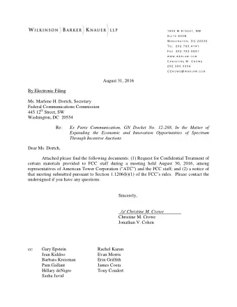 August 31, 2016  By Electronic Filing  Ms. Marlene H. Dortch, Secretary  Federal Communications