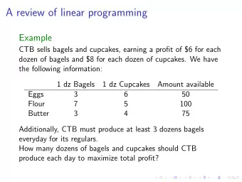 A review of linear programming  Example  CTB sells bagels and cupcakes, earning a profit of $6 for