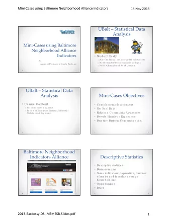 UBalt  Statistical Data  Analysis Mini  Cases using Baltimore Neighborhood Alliance