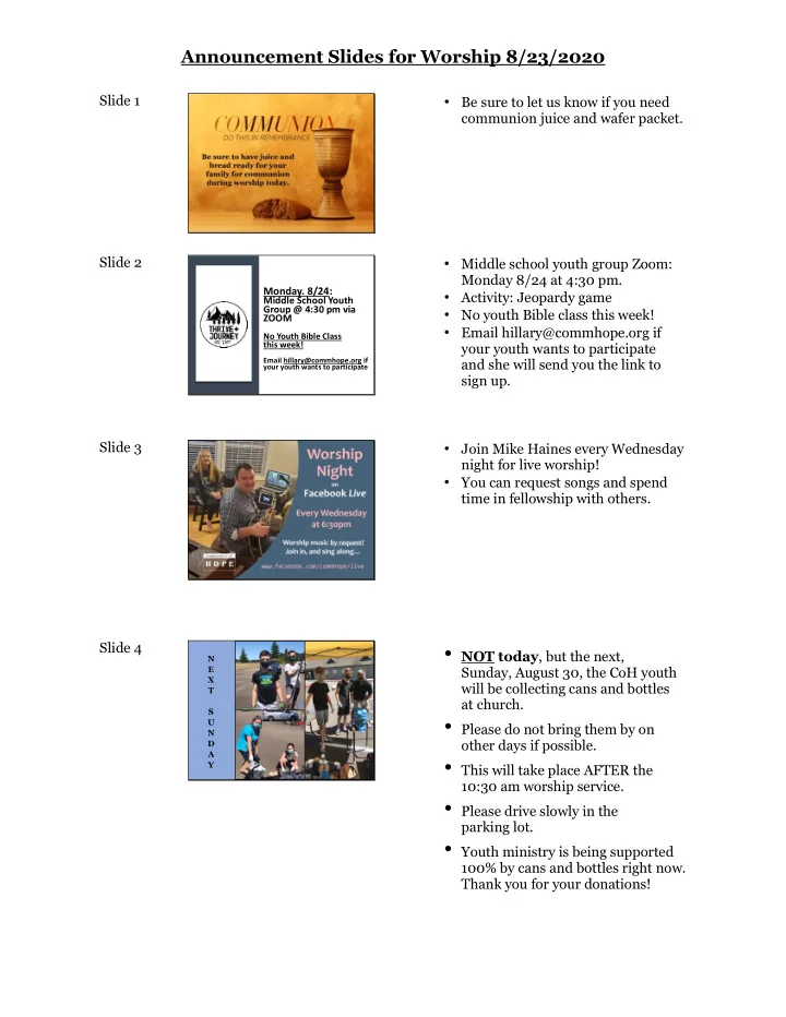 announcement slides for worship 8 23 2020