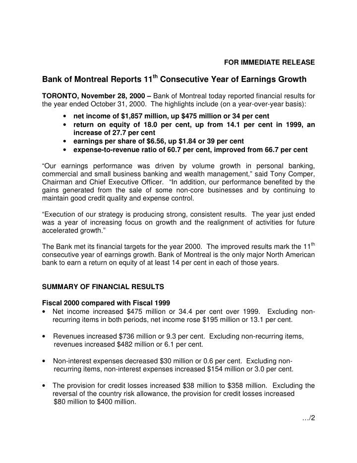 bank of montreal reports 11 th consecutive year of