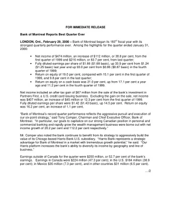 FOR IMMEDIATE RELEASE  Bank of Montreal Reports Best Quarter Ever LONDON, Ont., February 29, 2000