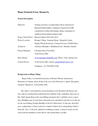 Ringa Mountain Farm, Shangri-la,  Project Description  Objective:  Seeking assistance or