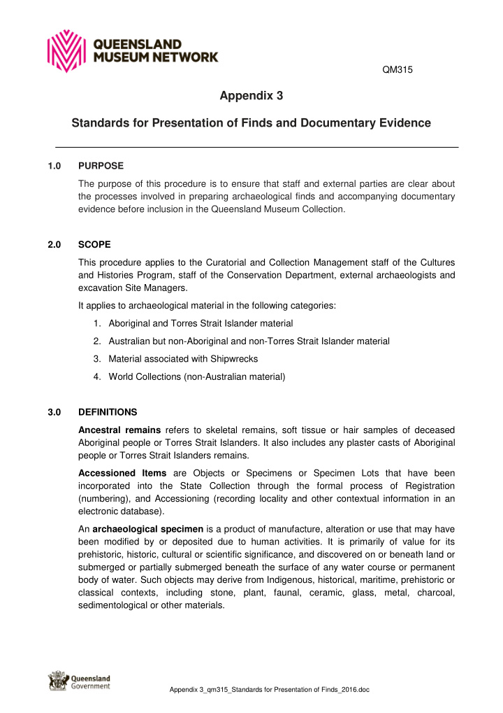 appendix 3 standards for presentation of finds and