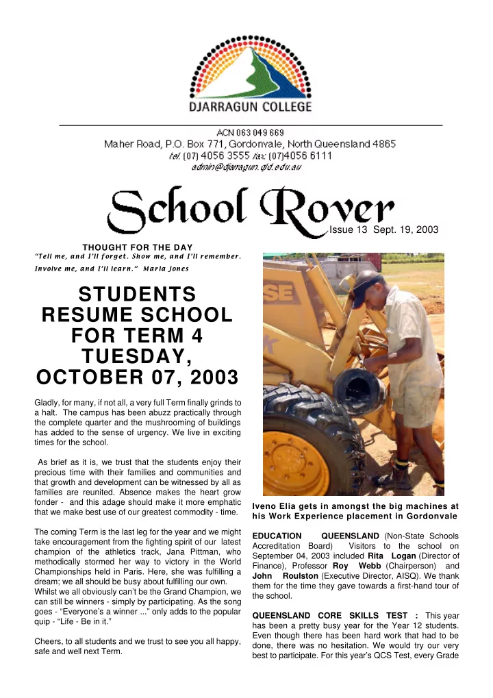 students resume school for term 4 tuesday october 07 2003