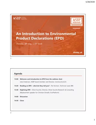 An Introduction to Environmental  Product Declarations (EPD) Thursday 28 th May, 13:00-14:30