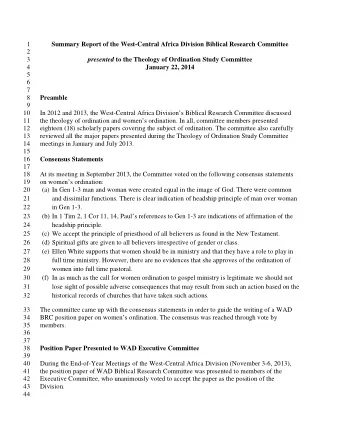 1  Summary Report of the West-Central Africa Division Biblical Research Committee  2  3 presented