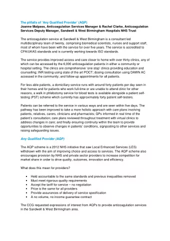 The pitfalls of Any Qualified Provider (AQP)  Joanne Malpass, Anticoagulation Services