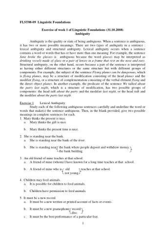 FLST08-09  Linguistic Foundations  Exercise of week 1 of Linguistic Foundations (31.10.2008)