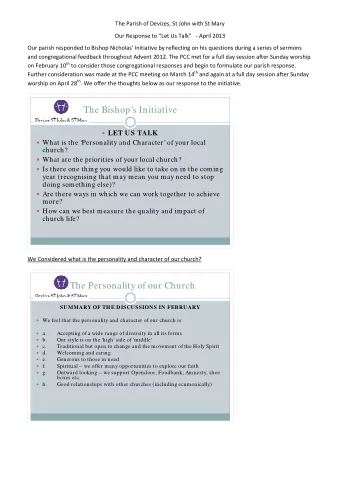 The Bishops Initiative  LET US TALK  What is the Personality and Character of your