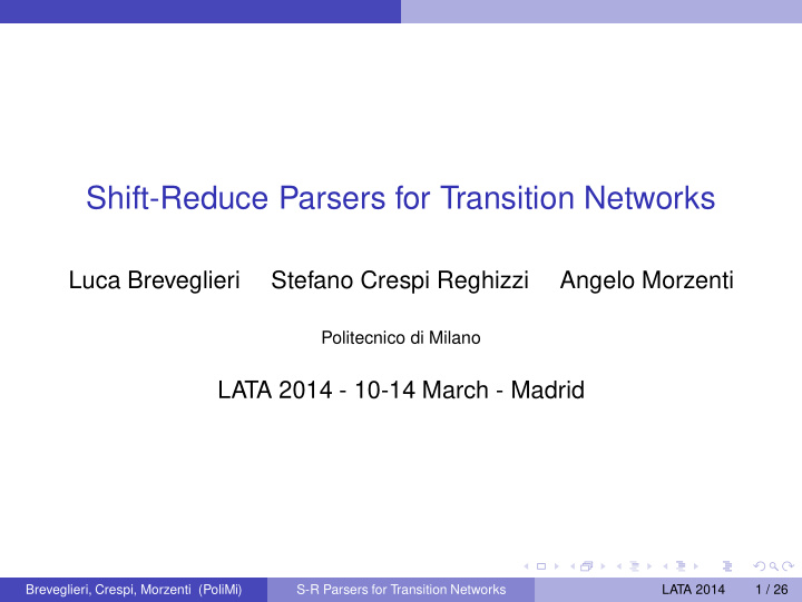 shift reduce parsers for transition networks