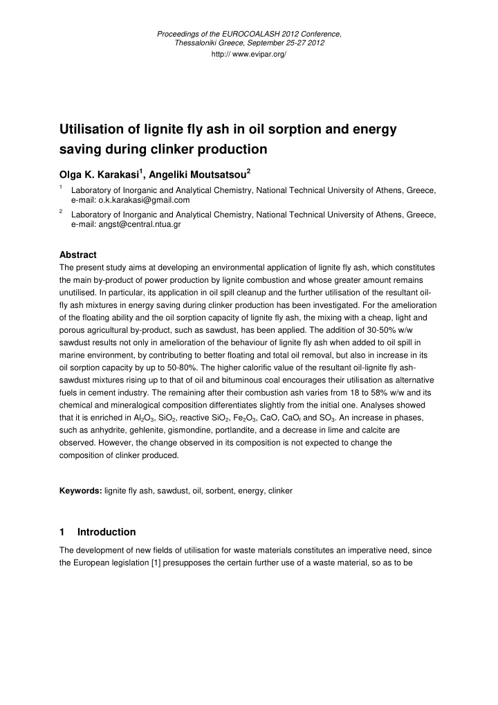 utilisation of lignite fly ash in oil sorption and energy