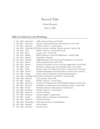 Research Talks  Olivier Bernardi  May 31, 2016  Talks in Conferences and Workshops  1.  Sep. 2016