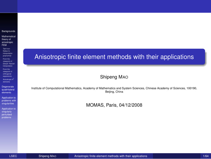anisotropic finite element methods with their applications