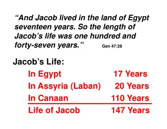 Jacobs Life:  In Egypt  17 Years  In Assyria (Laban)      20 Years  In Canaan  110 Years  Life