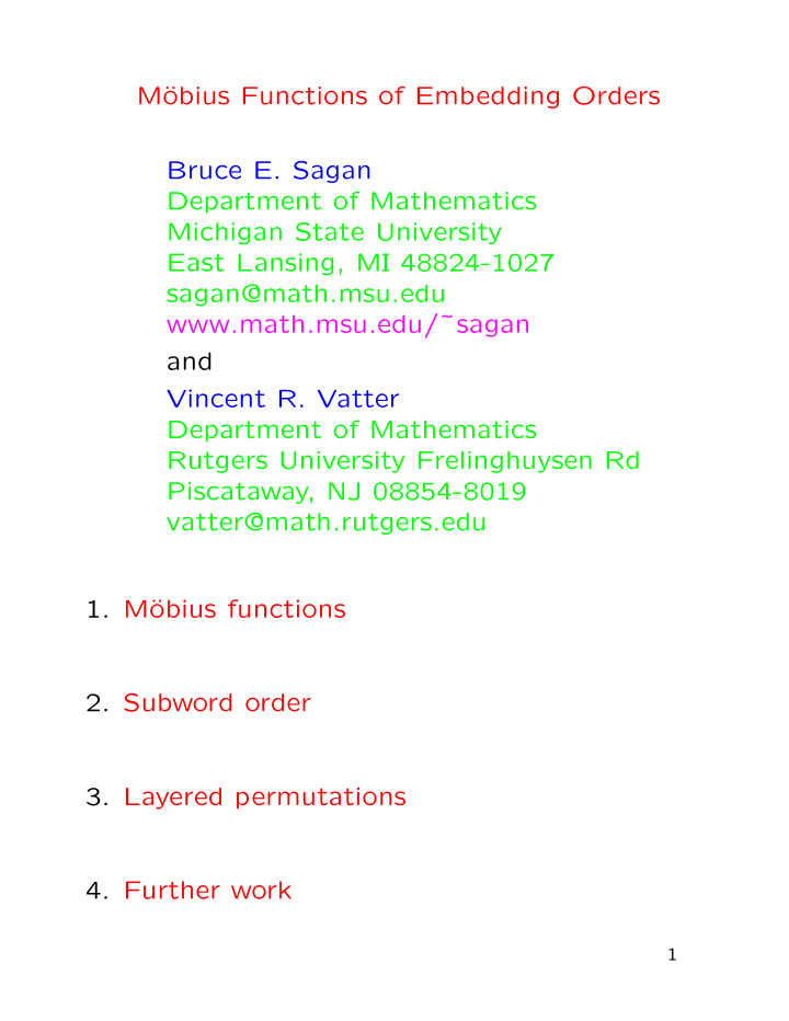 m obius functions of embedding orders bruce e sagan