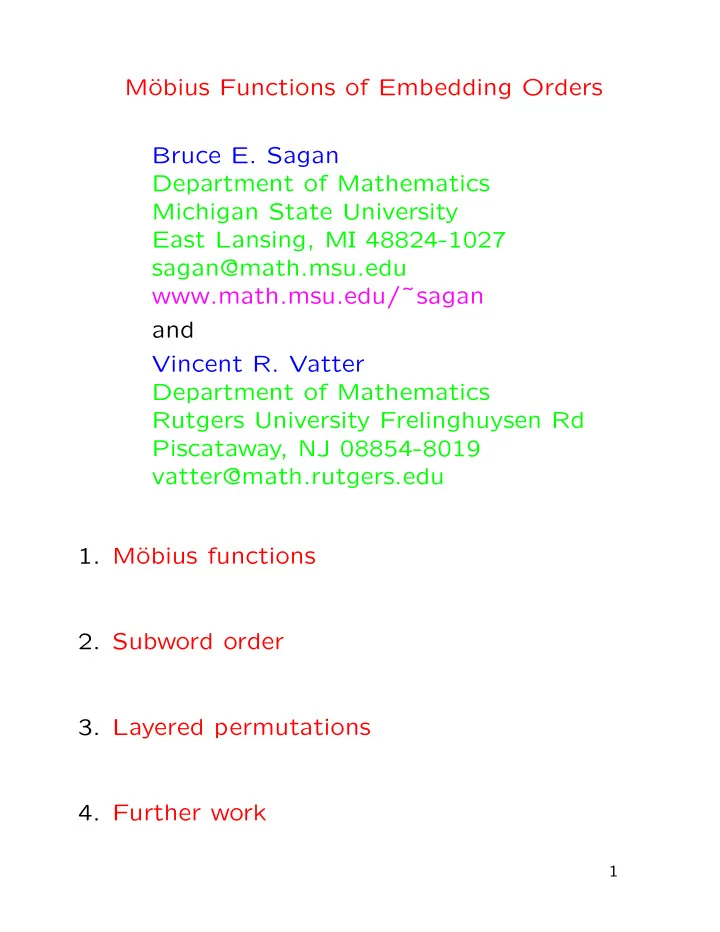 m obius functions of embedding orders bruce e sagan