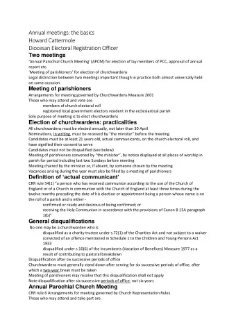 Annual meetings: the basics Howard Cattermole Diocesan Electoral Registration Officer  Two meetings