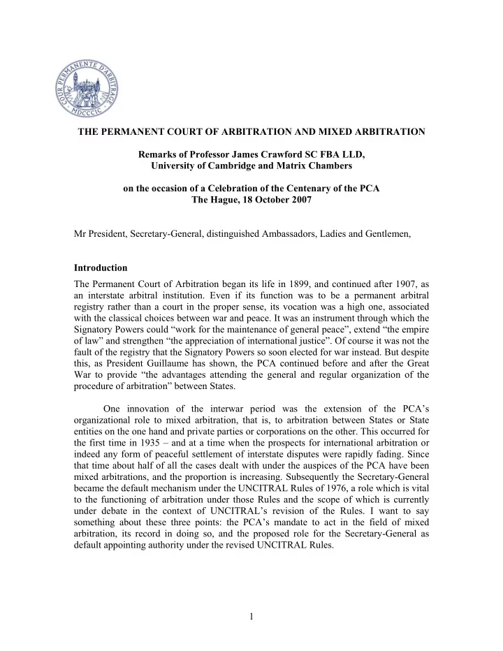 the permanent court of arbitration and mixed arbitration