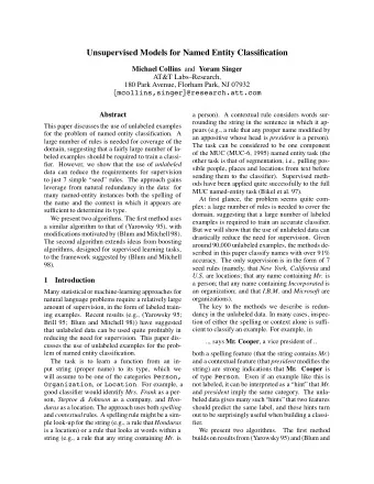 Unsupervised Models for Named Entity Classi fi cation Michael Collins and Yoram Singer  AT&amp;T
