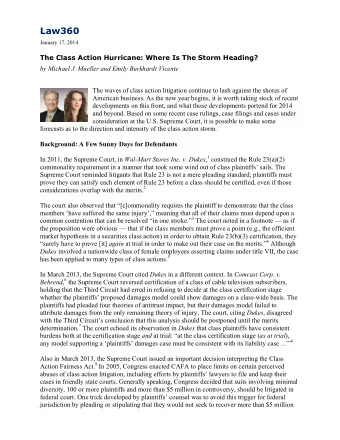 Law360  January 17, 2014  The Class Action Hurricane: Where Is The Storm Heading?  by Michael J.
