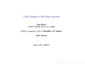 Limit shapes in the Schur process  Dan Betea  LPMA (UPMC Paris VI), CNRS (Work in progress, with C.