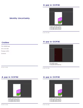 A gap in GOFAI  Identity Uncertainty  On(Block003,Block004)  Colour(Block003,Purple)